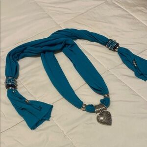 Blue Scarf Necklace with Heart Pendant